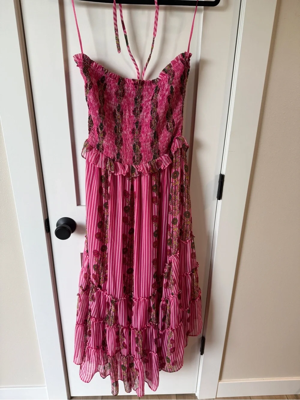 NWT Free People Midi Smocked Dress Pink Stripe Floral Ruffle Large - Picture 7 of 9